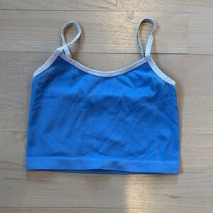 Blue Ribbed Crop Top with White Trim